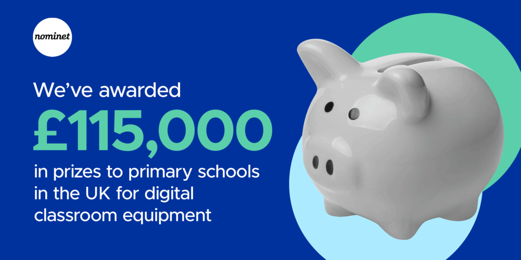 Text: We've awarded £115,000 in prizes to primary schools in the UK for digital classroom equipment
Image: Grayscale piggybank