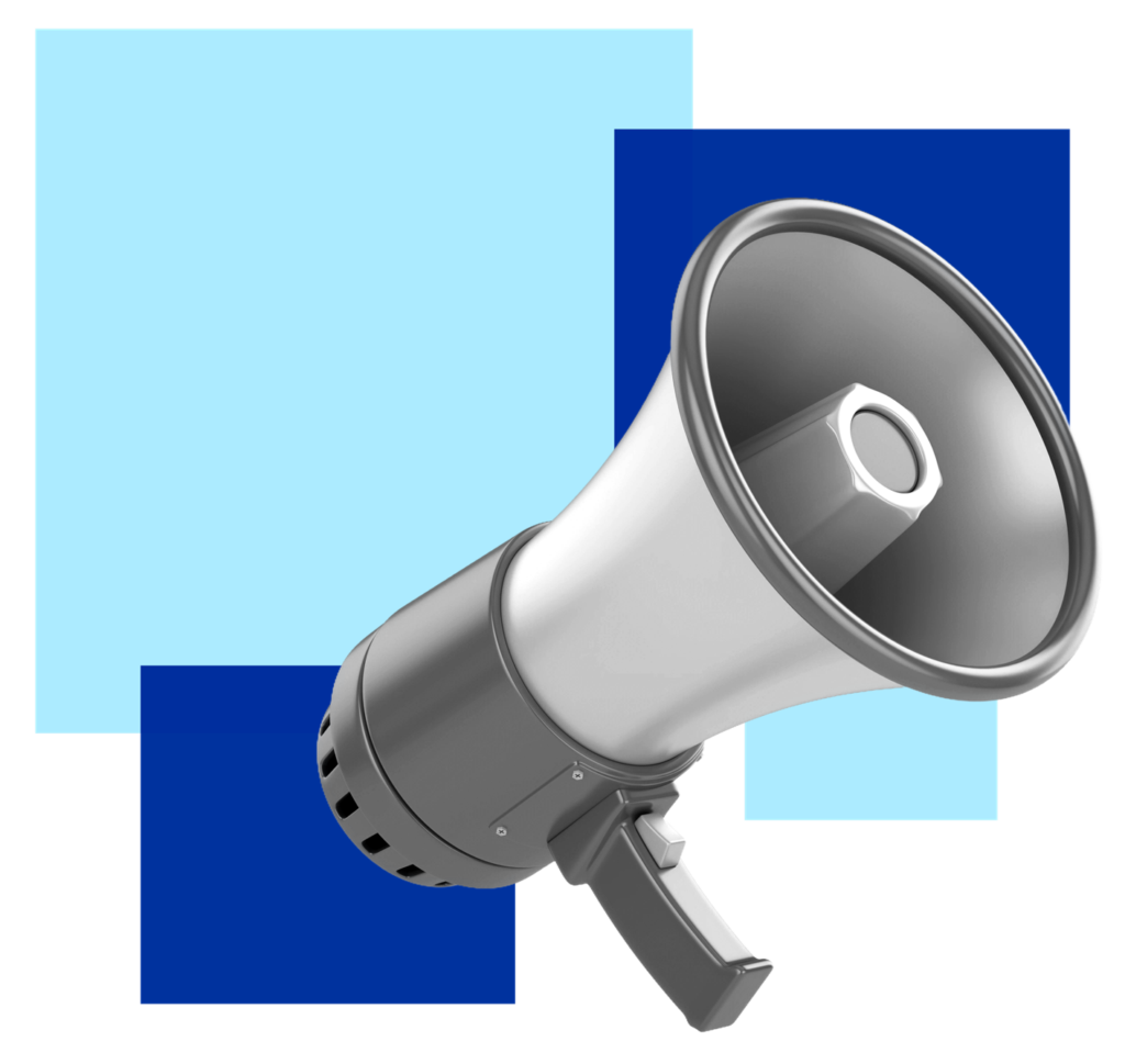 grayscale megaphone lockup with squares background 