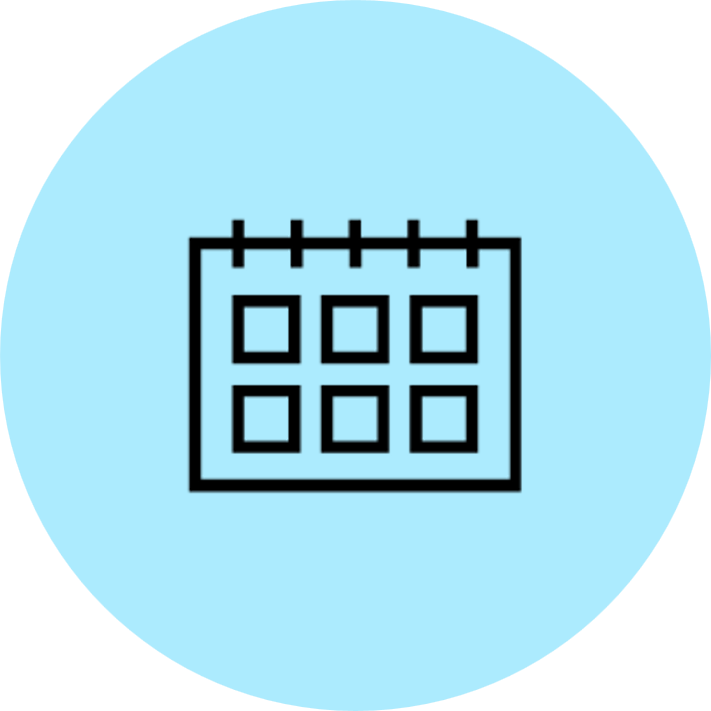 Blue circle with a calendar icon at the centre
