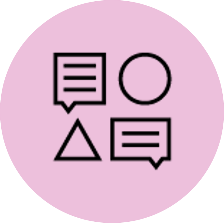 Pink circle with a chat bubble and primary shapes icon at the centre