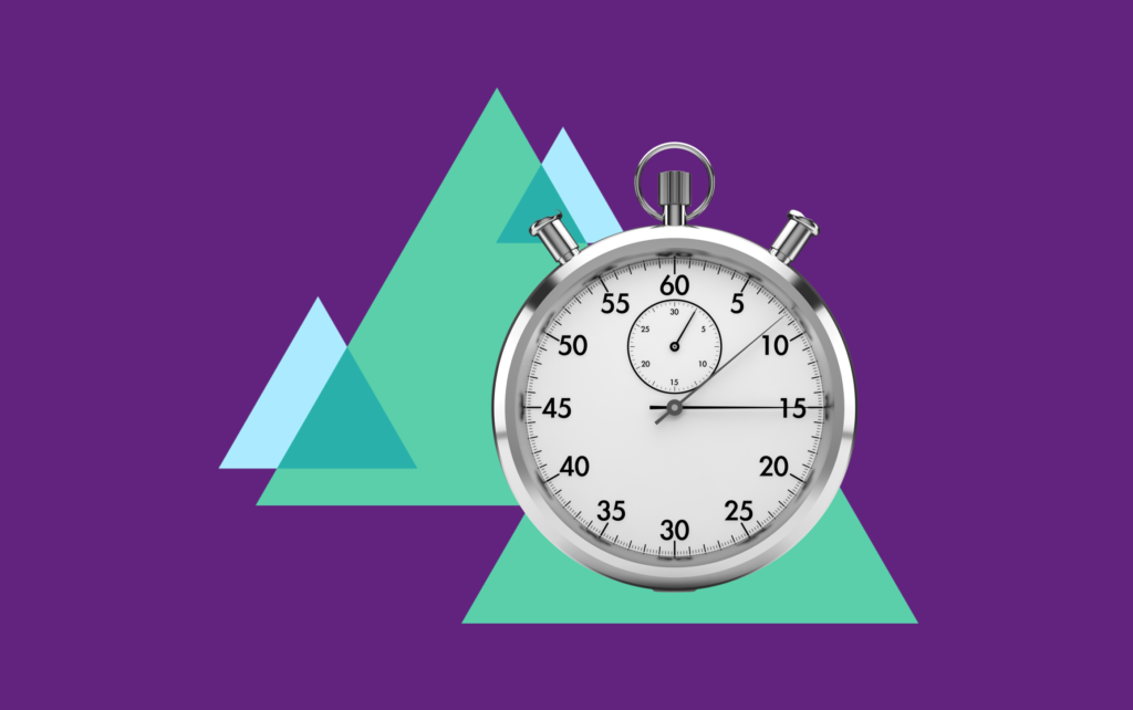 stock image of a stop watch clock on top of a collation of tirangles on a purple background. 